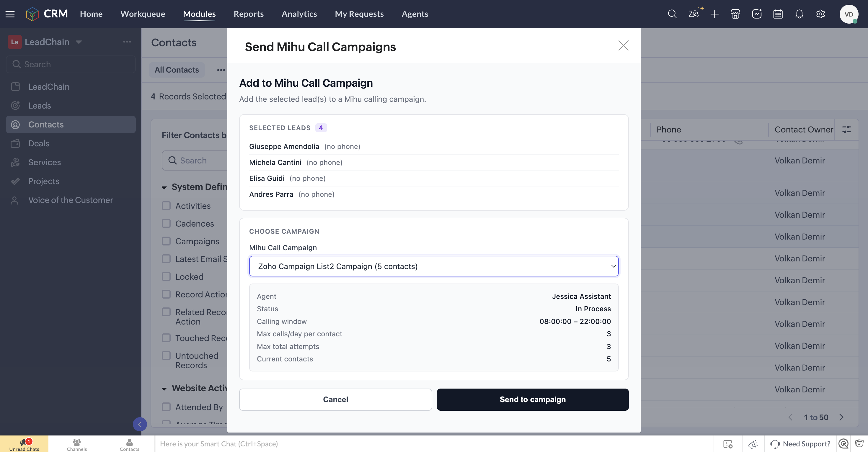 نافذة إرسال حملات اتصال Mihu في Zoho CRM، تضيف جهات اتصال محددة إلى حملة اتصال Mihu