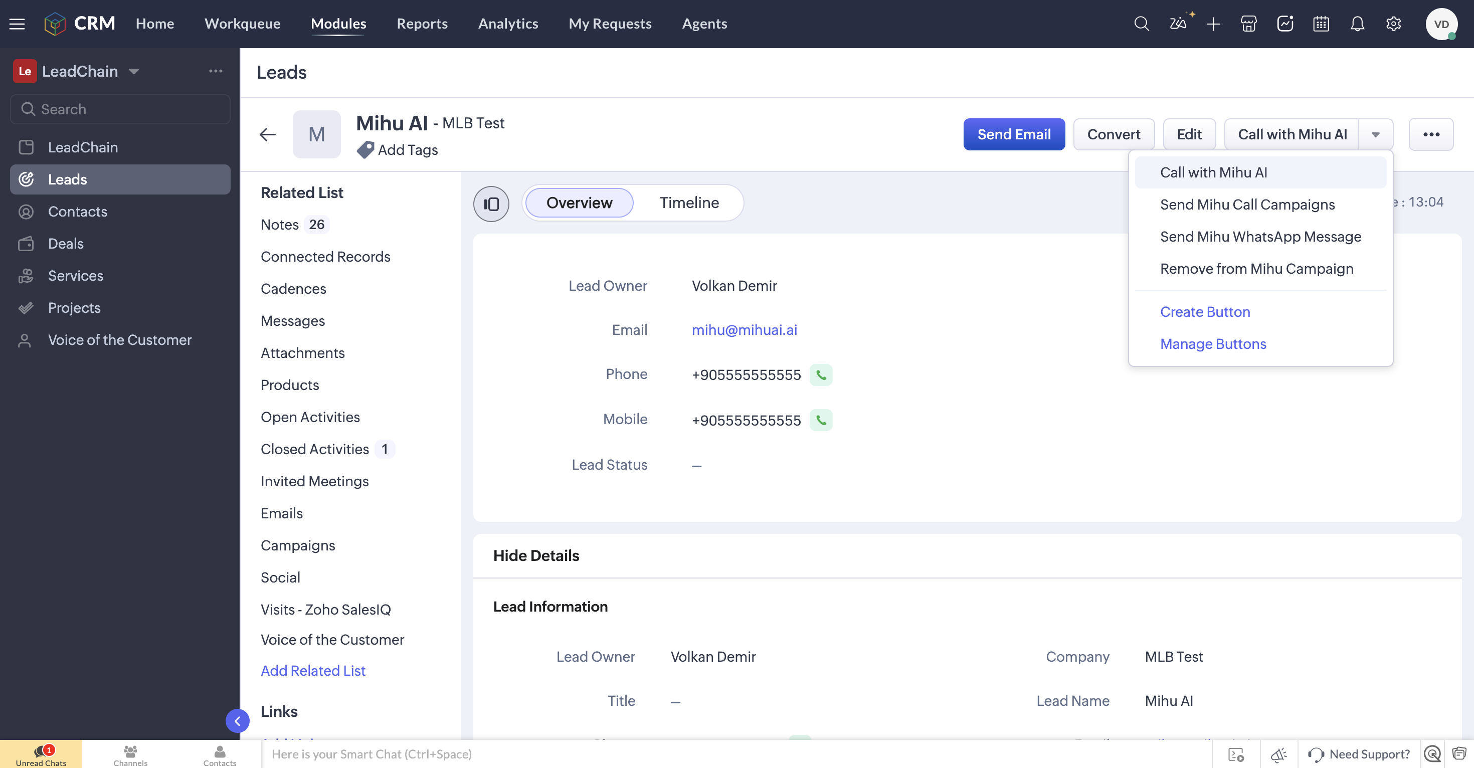 زر أداة Mihu AI على سجل عميل محتمل في Zoho CRM، مفتوحًا لإظهار خيارات الاتصال عبر Mihu AI، وإرسال حملات اتصال Mihu، وإرسال رسالة WhatsApp من Mihu، والإزالة من حملة Mihu