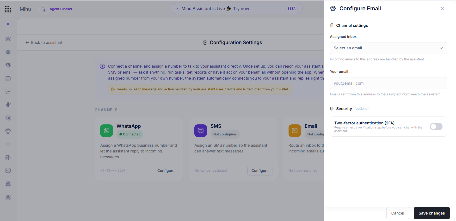 Configuring the Email channel for the Mihu Assistant