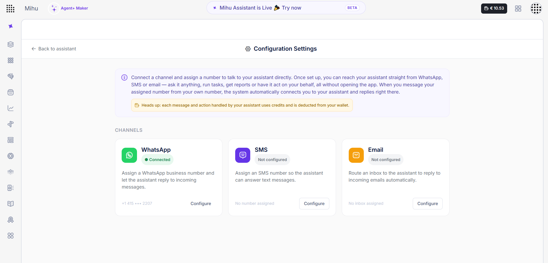 Mihu Assistant Configuration Settings — connect WhatsApp, SMS and Email channels