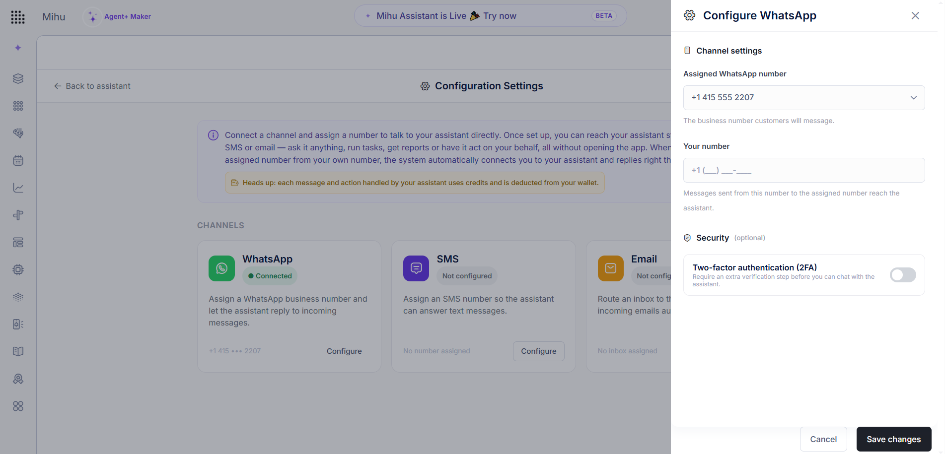 Configuring the WhatsApp channel for the Mihu Assistant